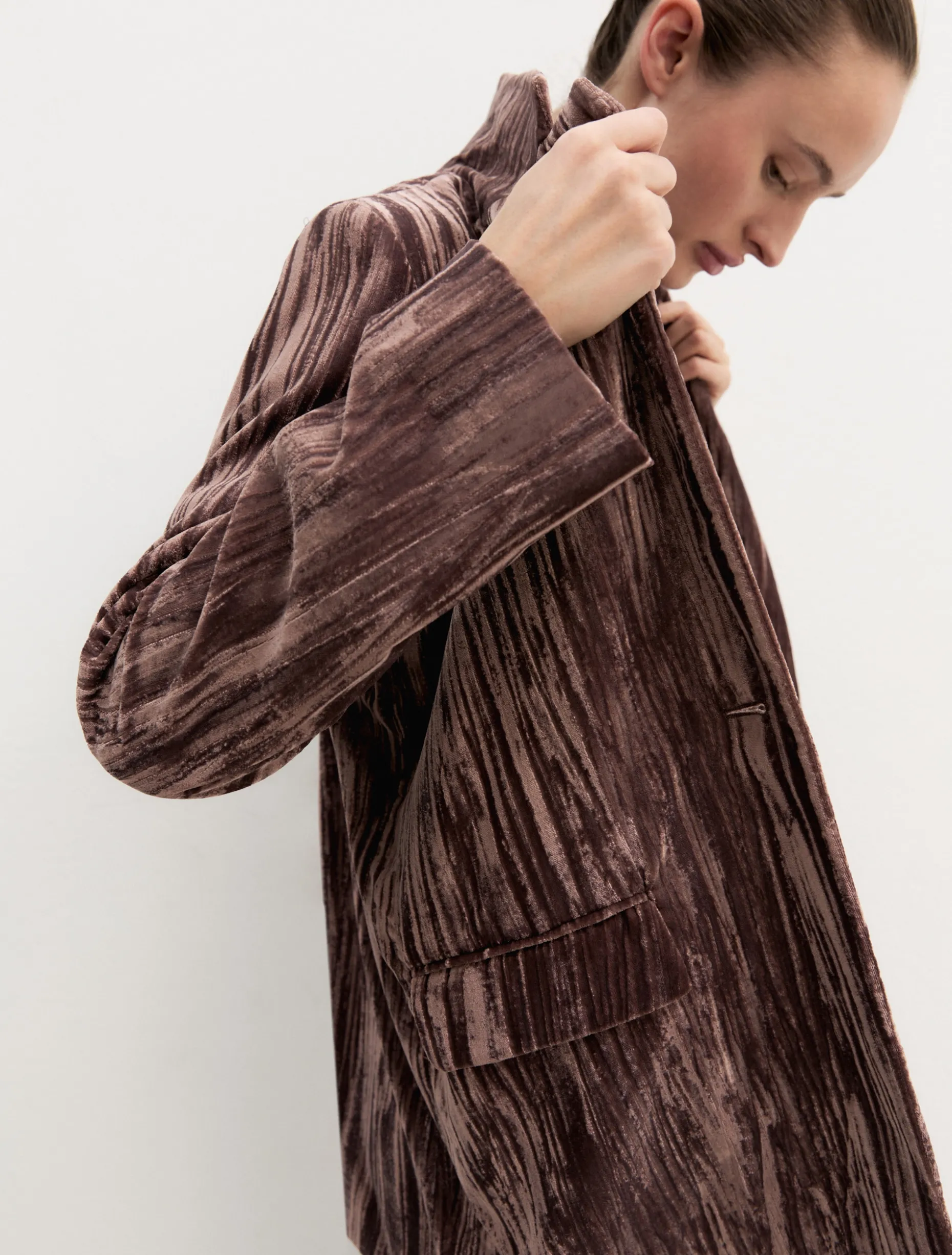 Blazer monopetto in velluto stretch - MARRONE