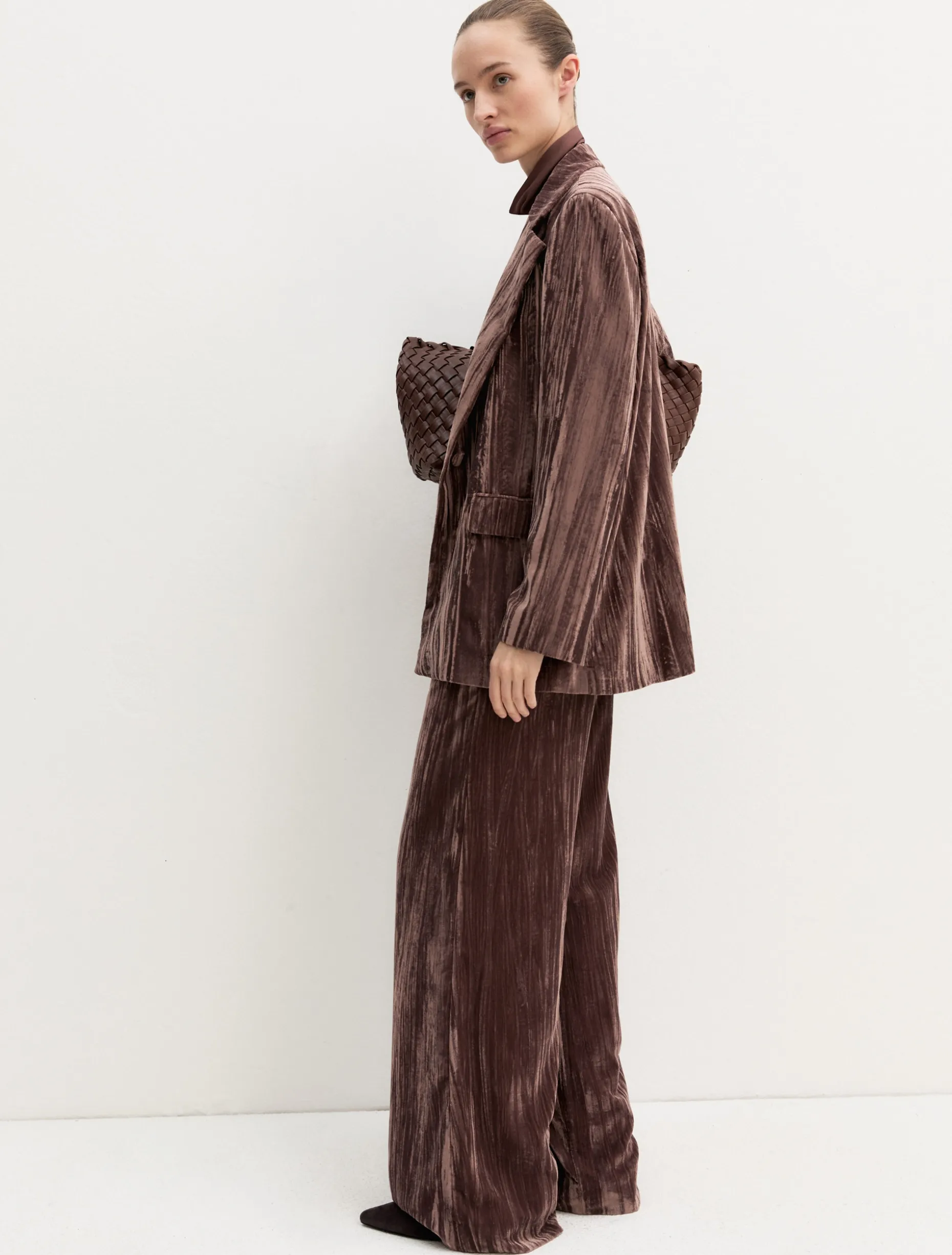 Blazer monopetto in velluto stretch - MARRONE