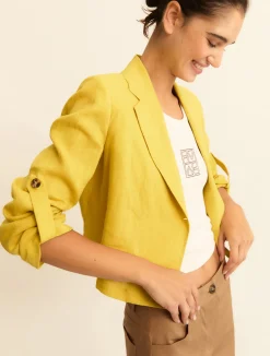 Blazer in lino con manica arrotolabile - SENAPE