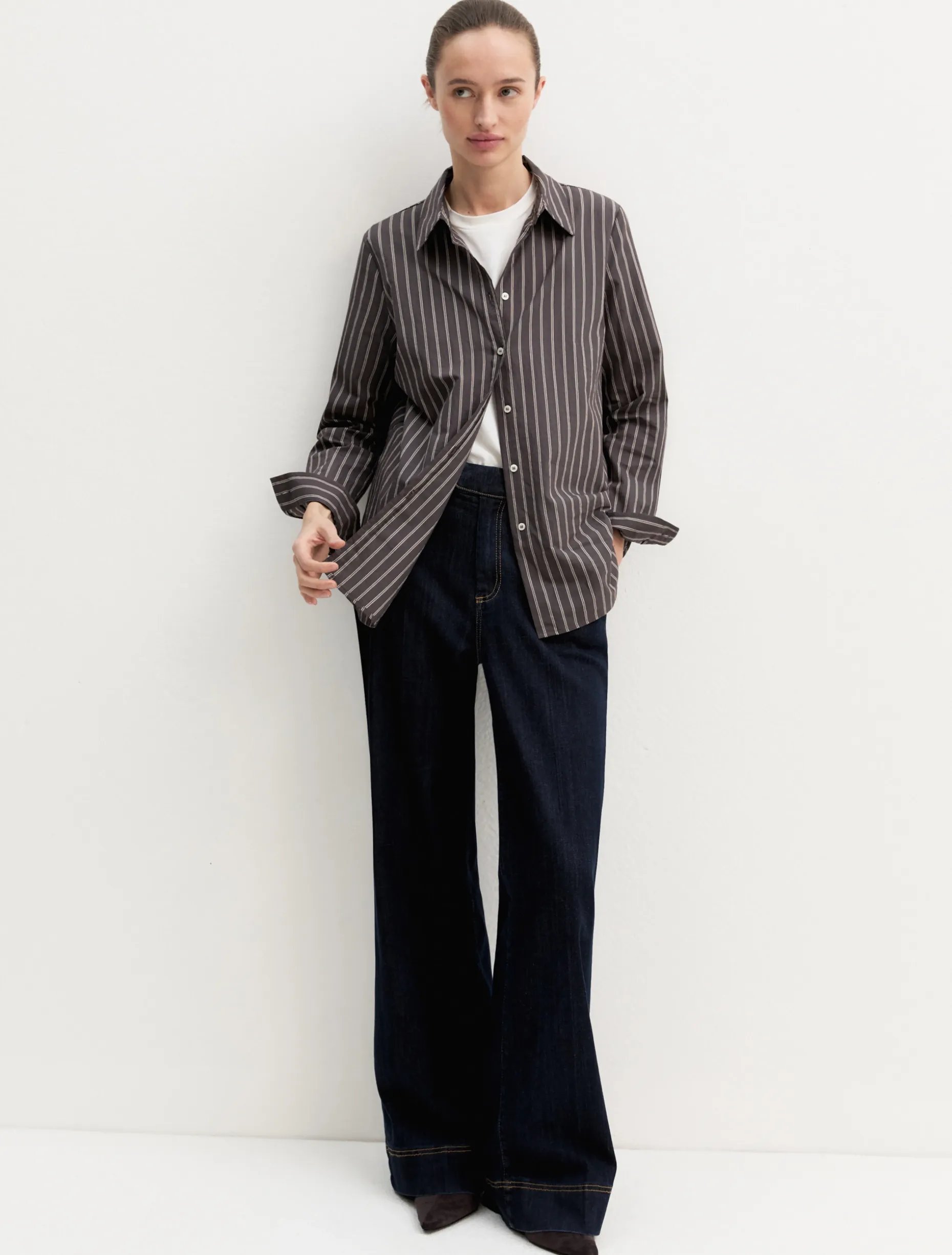 Camicia a maniche lunghe in misto cotone - TESTA DI MORO