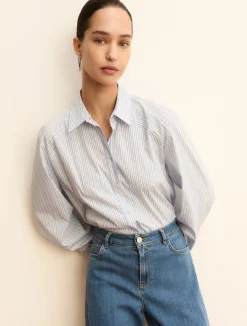 Camicia ampia in popeline stretch - AZZURRO
