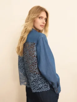 Camicia boxy con retro in pizzo - BLU