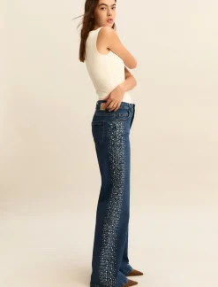 Denim wide leg con cristalli e borchie - BLU