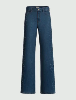 Denim wide leg con cristalli e borchie - BLU