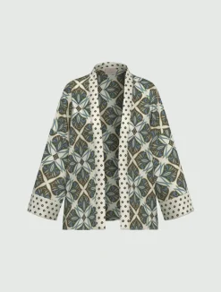 Kimono corto in twill stampato - BIANCO LANA
