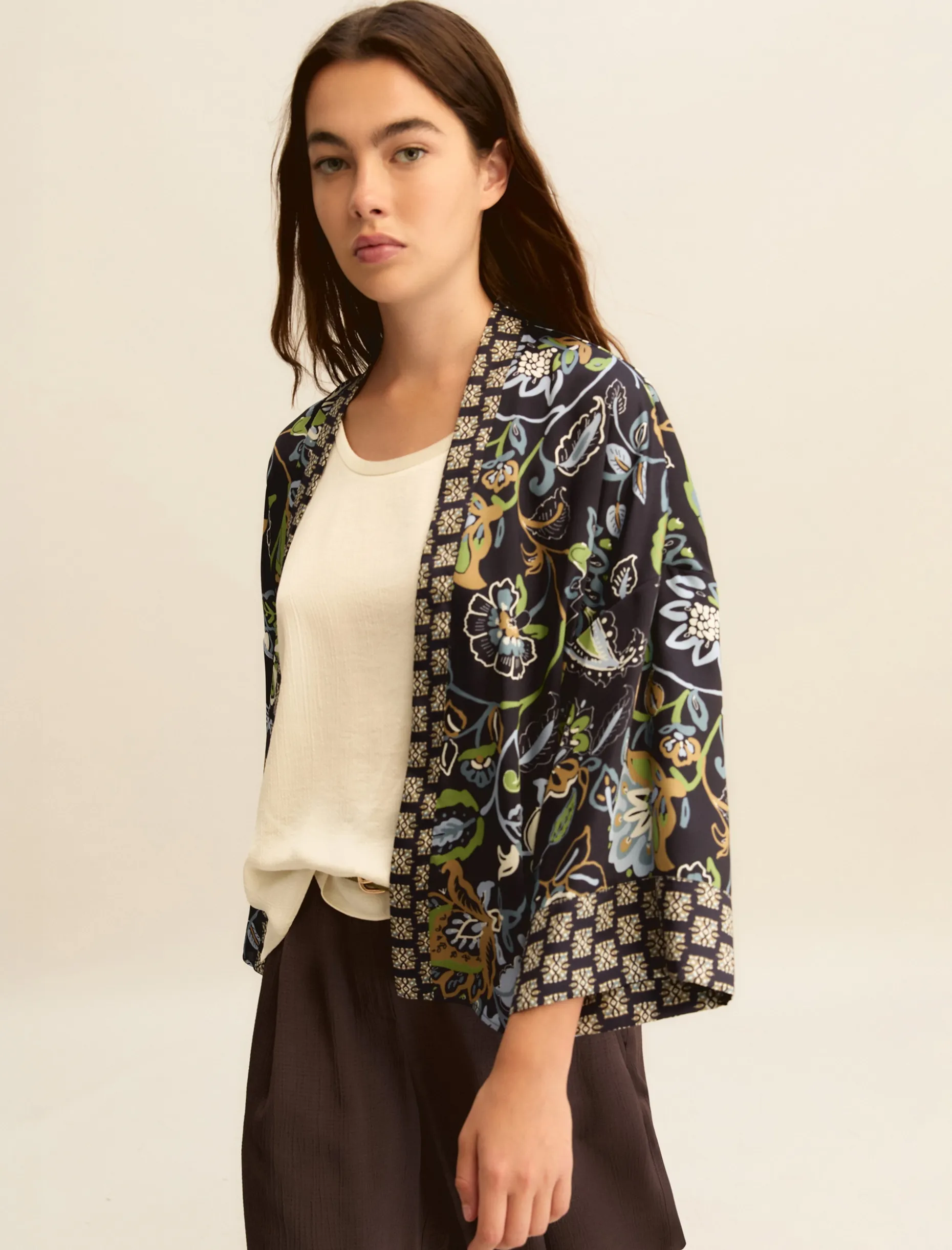 Kimono corto in twill stampato - BLU