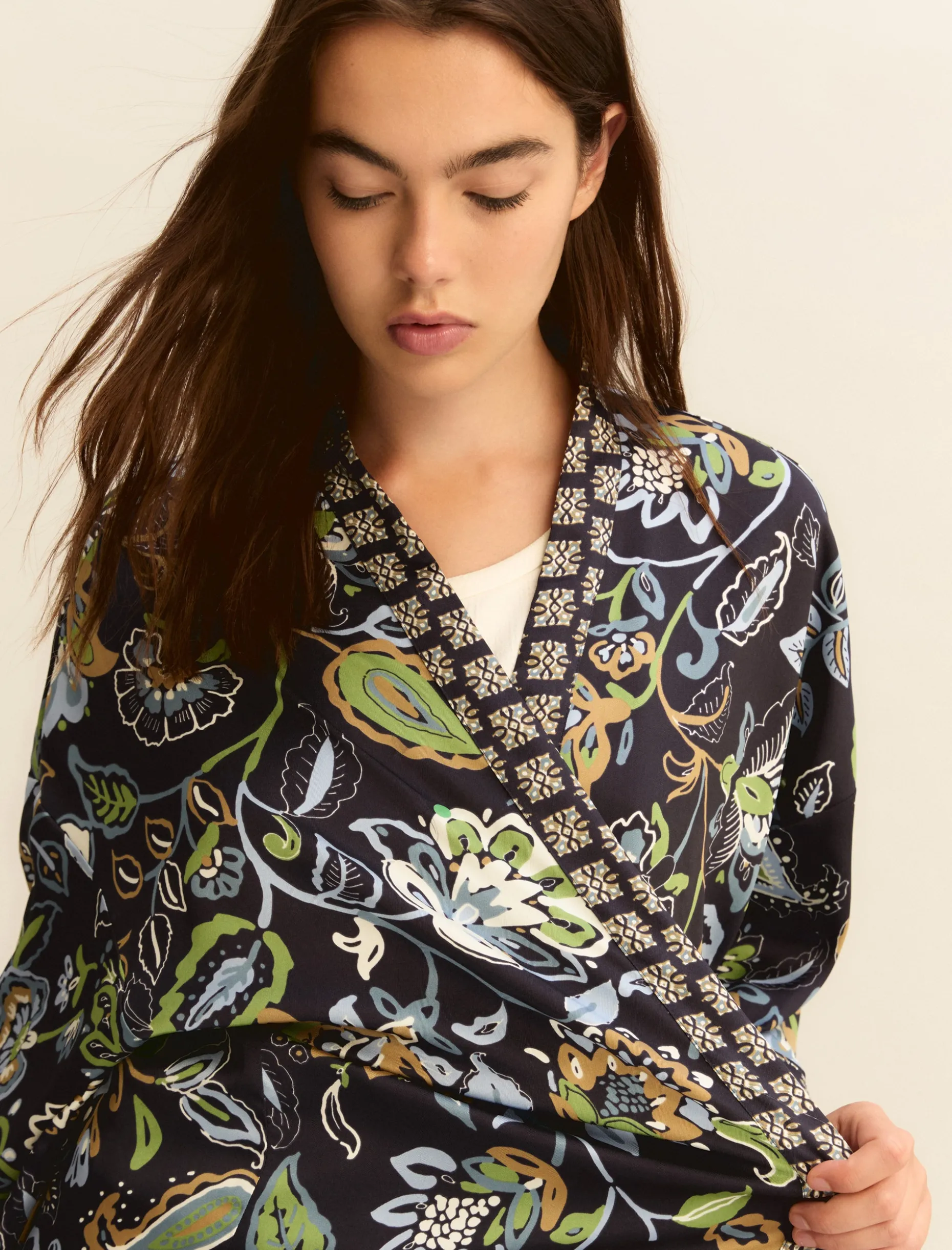 Kimono corto in twill stampato - BLU