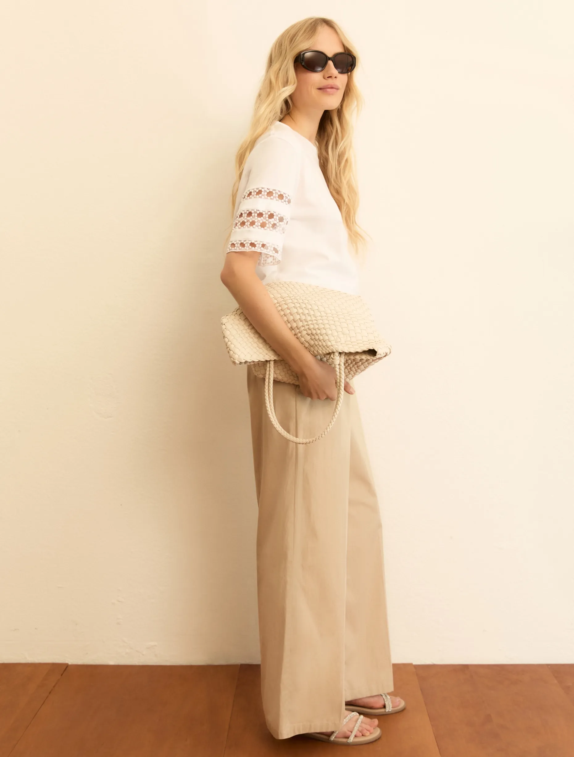 Pantalone ampio wide leg in popeline - BEIGE