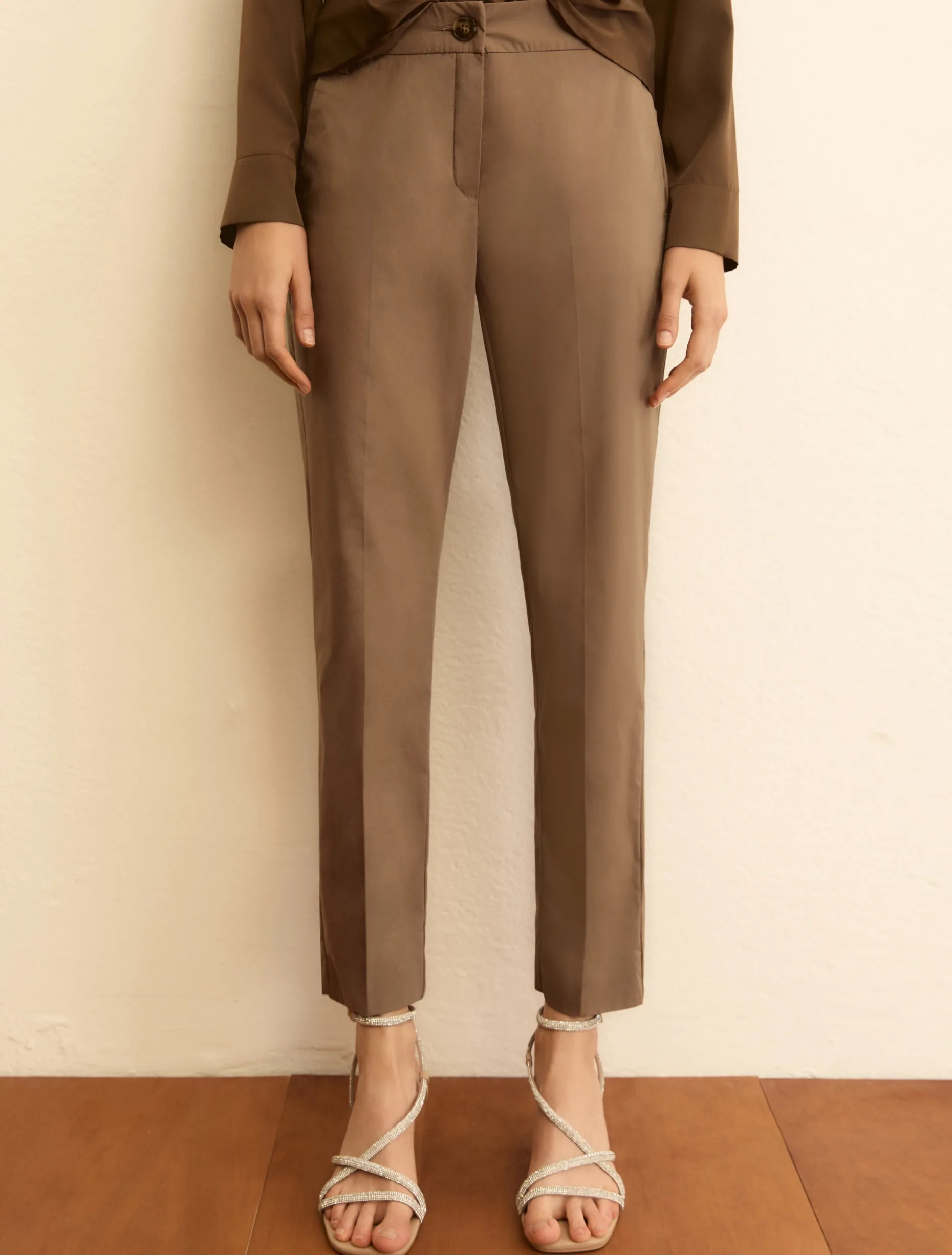 Pantalone dritto in popeline stretch - TORTORA