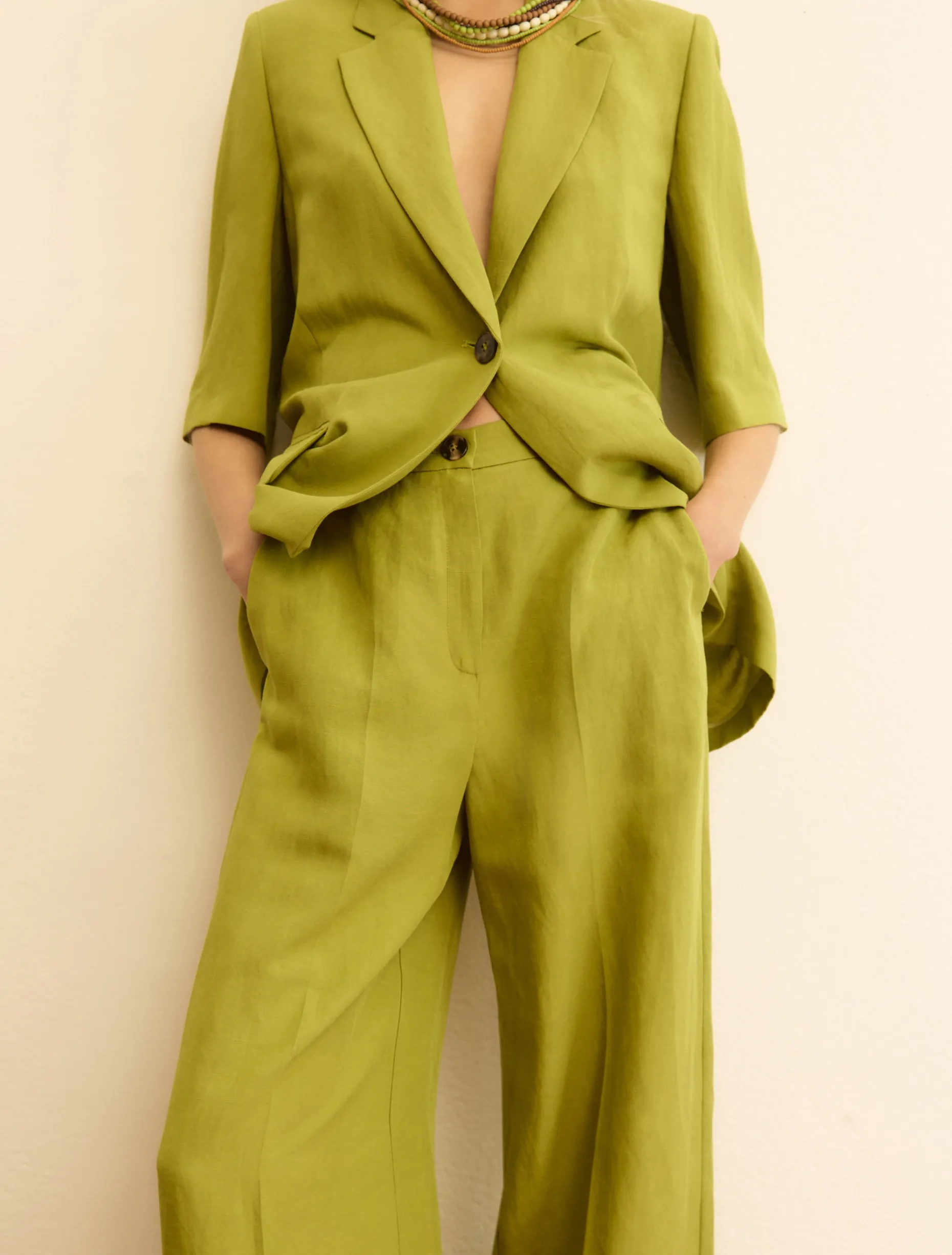 Pantalone fluido in viscosa e lino - VERDE MELA