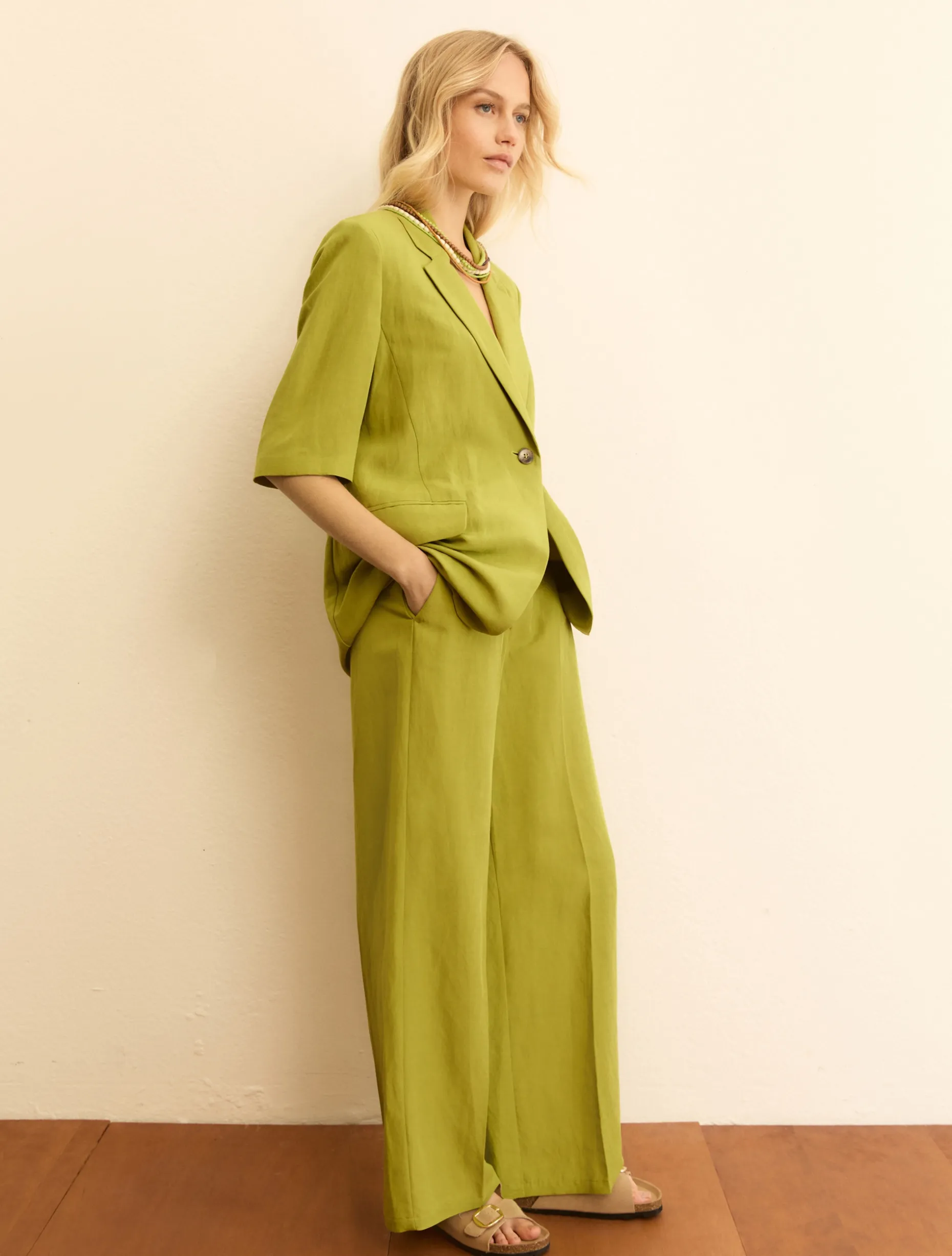 Pantalone fluido in viscosa e lino - VERDE MELA