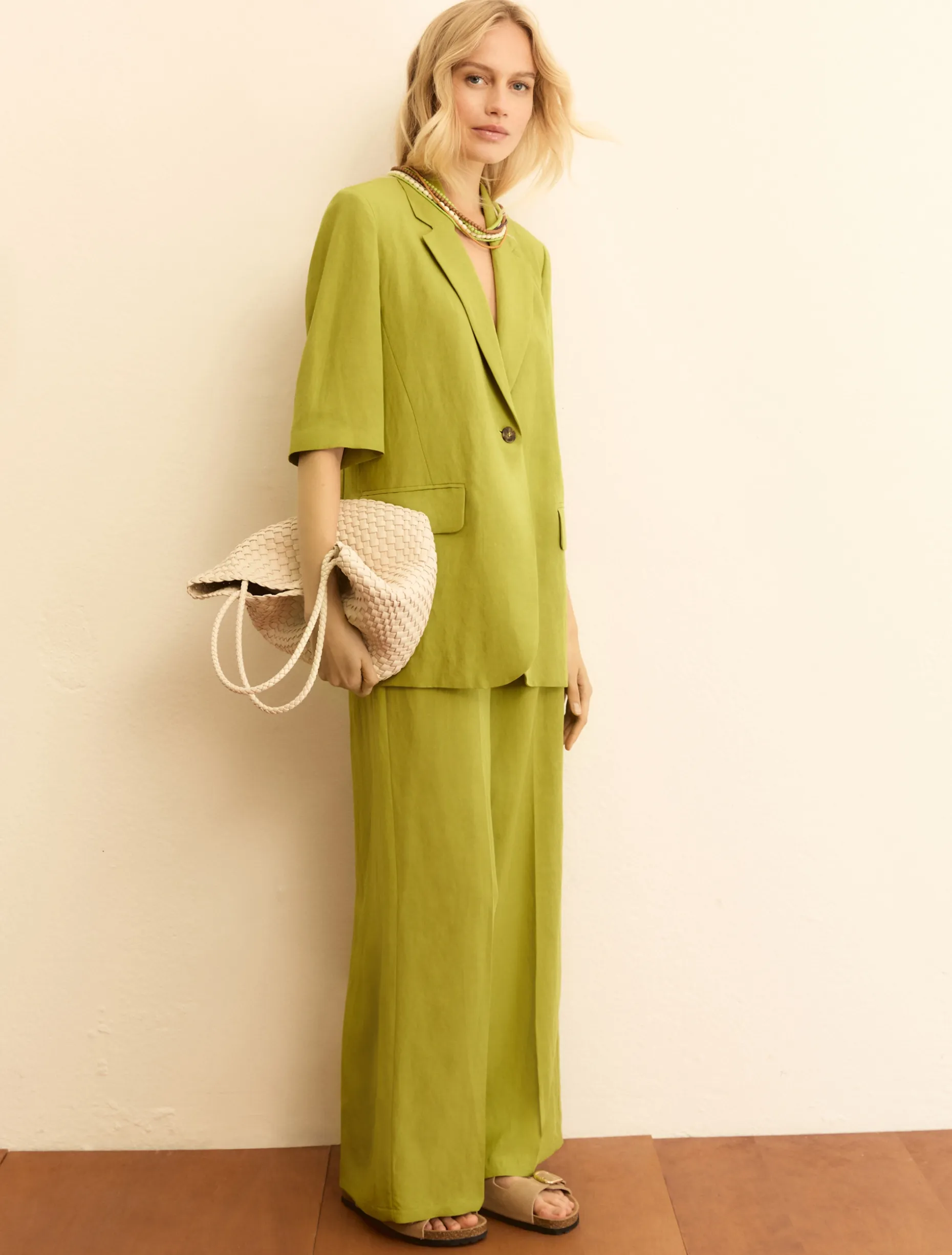 Pantalone fluido in viscosa e lino - VERDE MELA