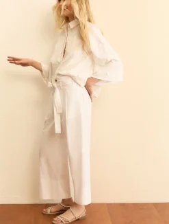 Pantalone in popeline con cintura - BIANCO