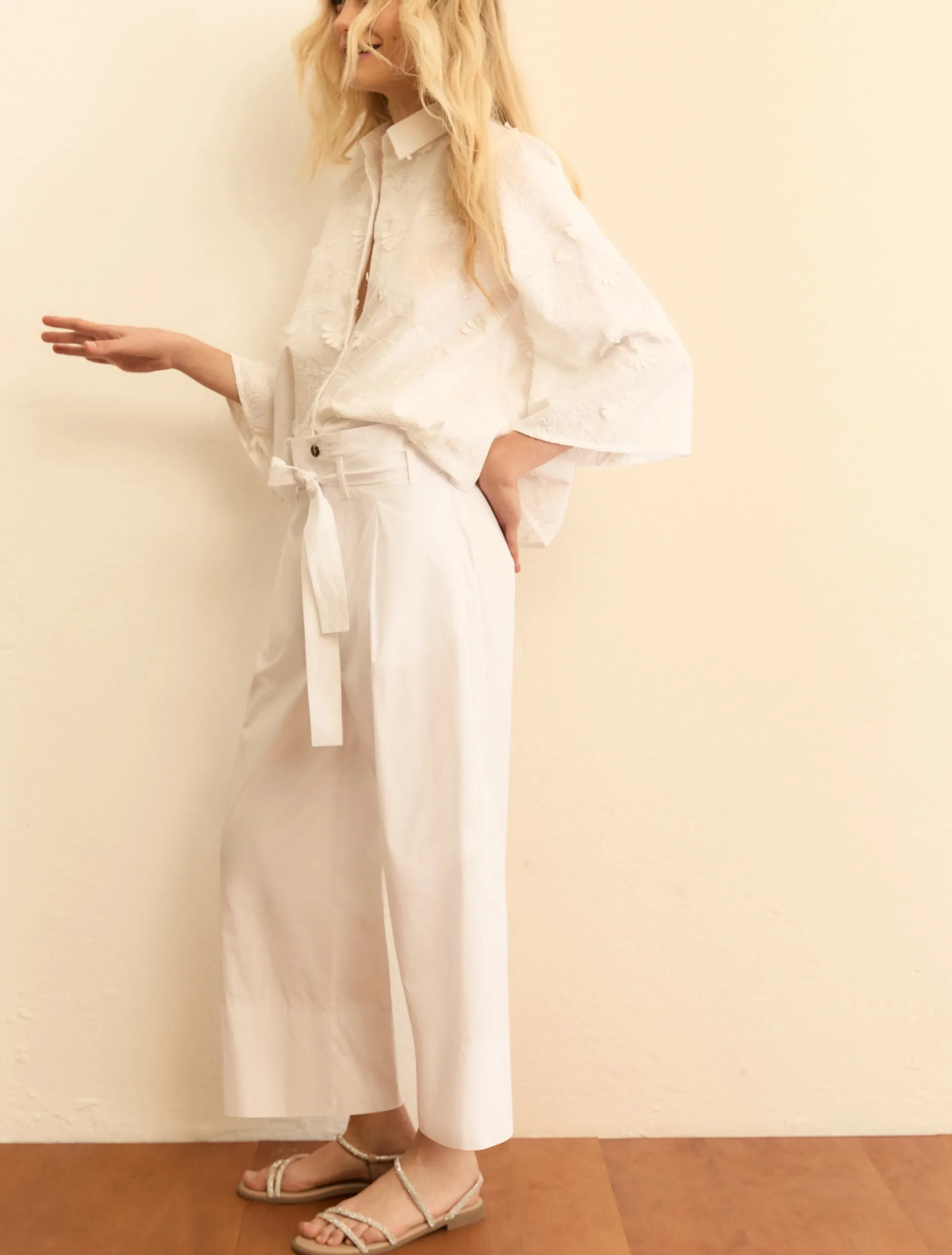 Pantalone in popeline con cintura - BIANCO