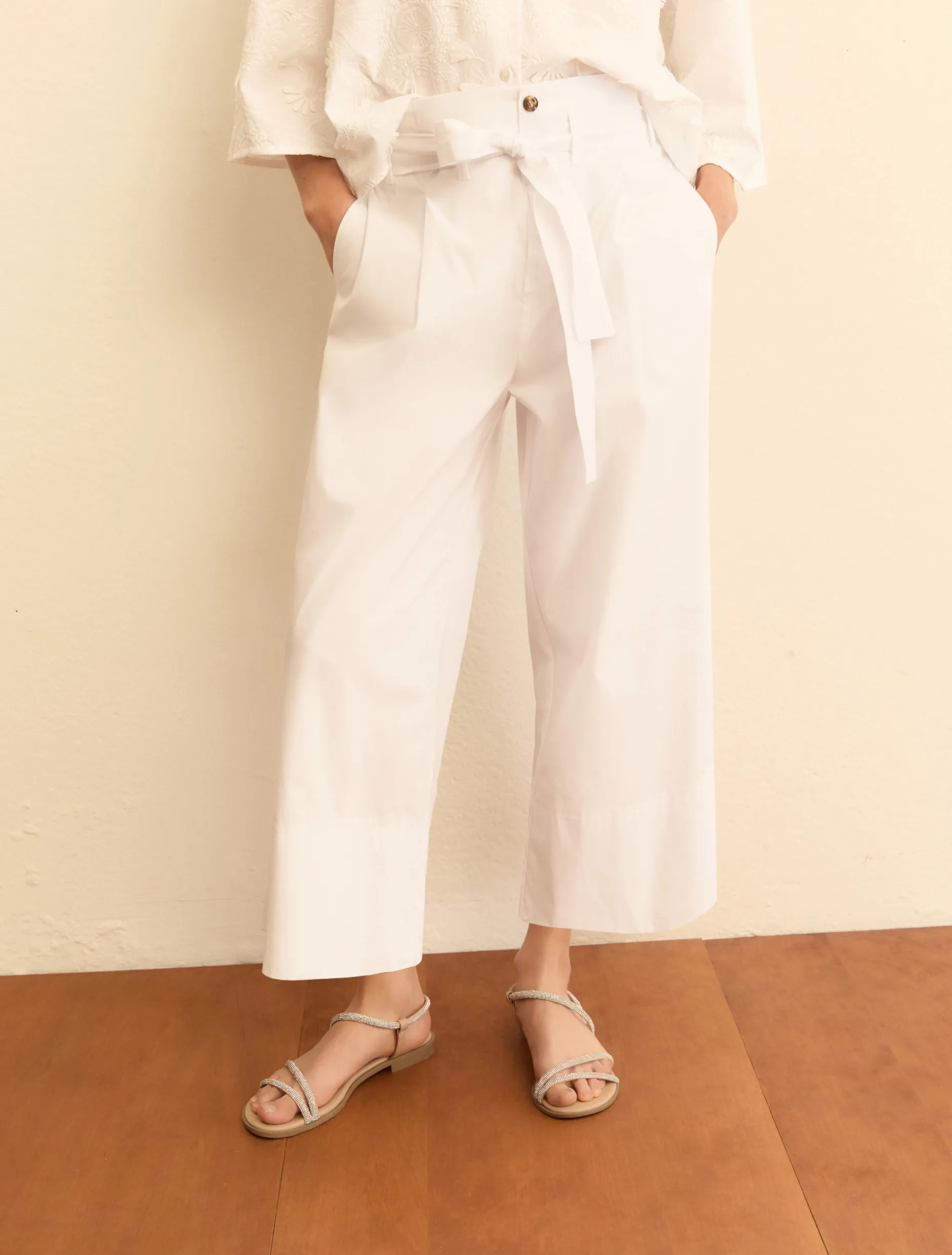 Pantalone in popeline con cintura - BIANCO