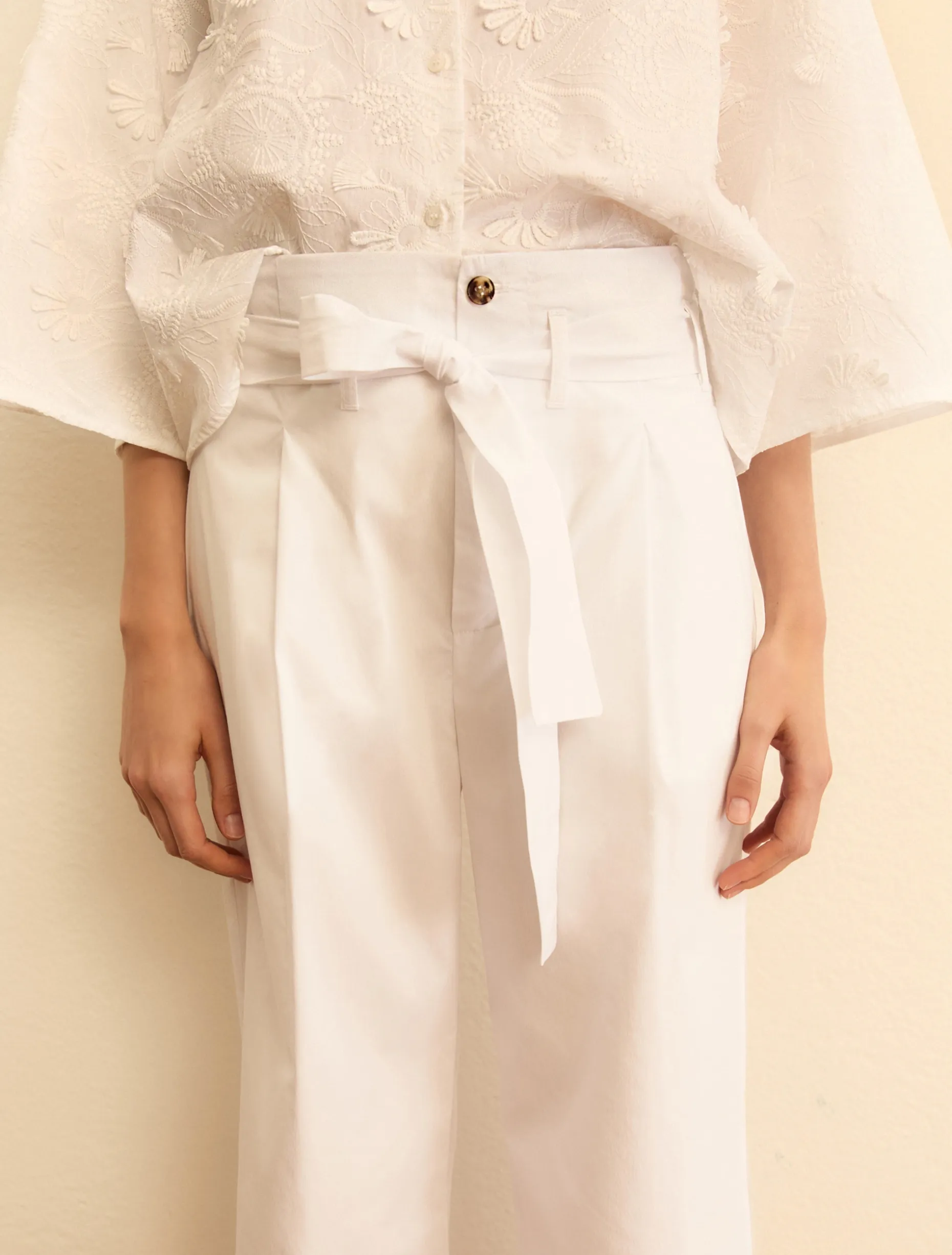 Pantalone in popeline con cintura - BIANCO