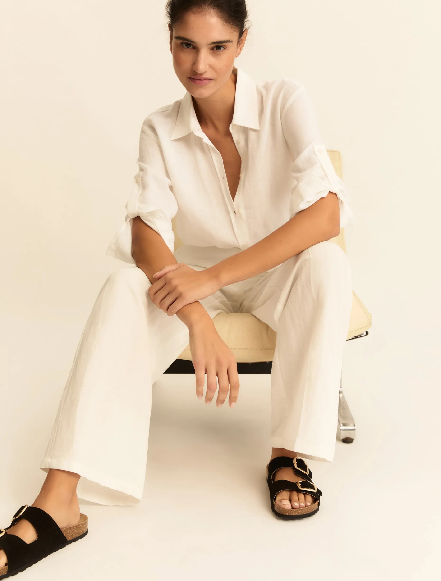 Pantalone fluido in viscosa e lino - BIANCO