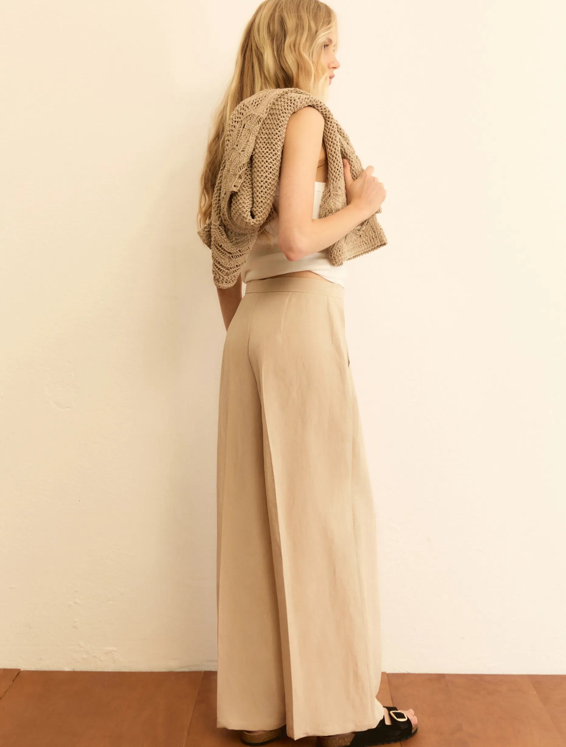 Pantalone fluido in viscosa e lino - BEIGE