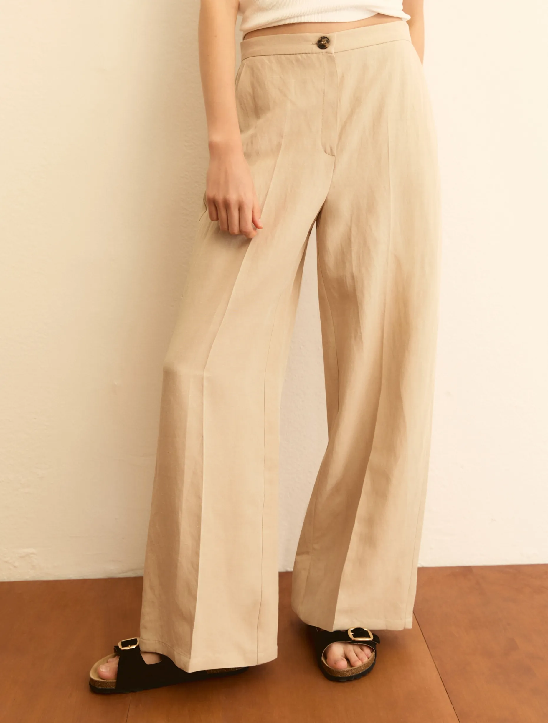 Pantalone fluido in viscosa e lino - BEIGE