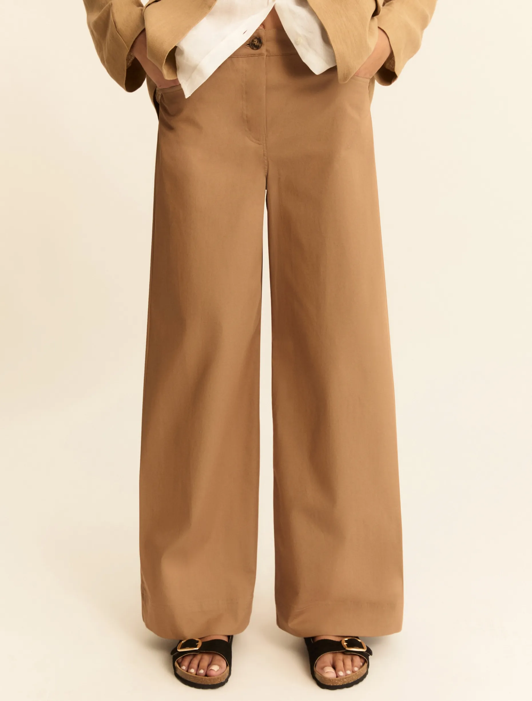Pantalone wide leg in gabardina stretch - CAMMELLO