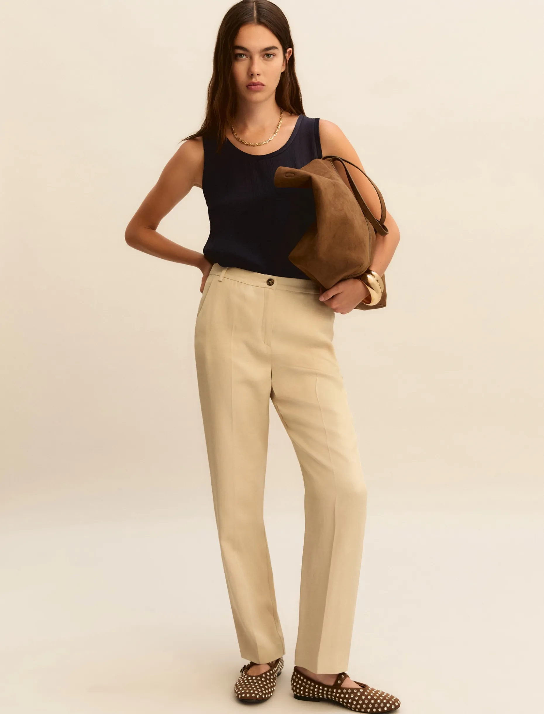 Pantaloni slim in twill di misto lino - BEIGE