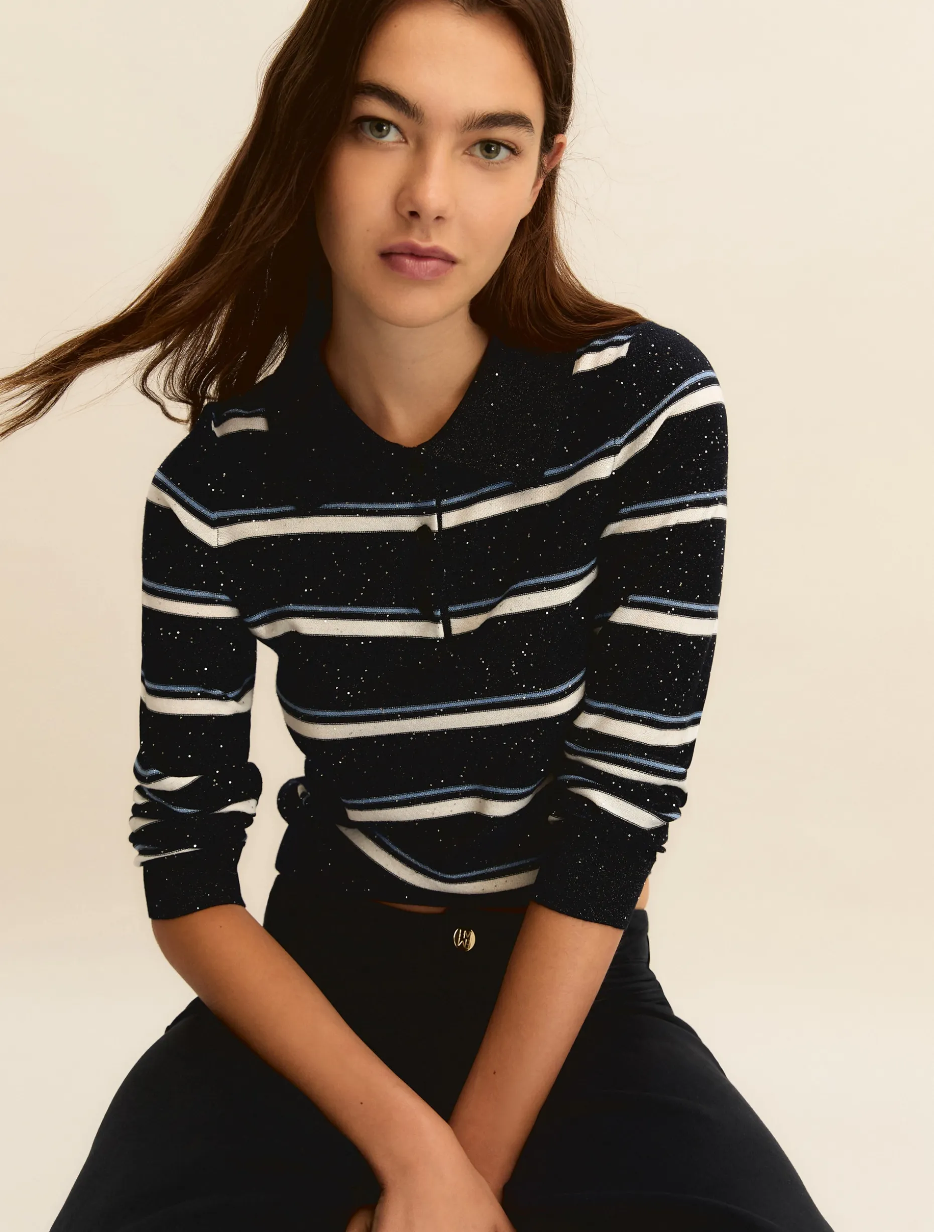 Polo con lurex e paillette - BLU