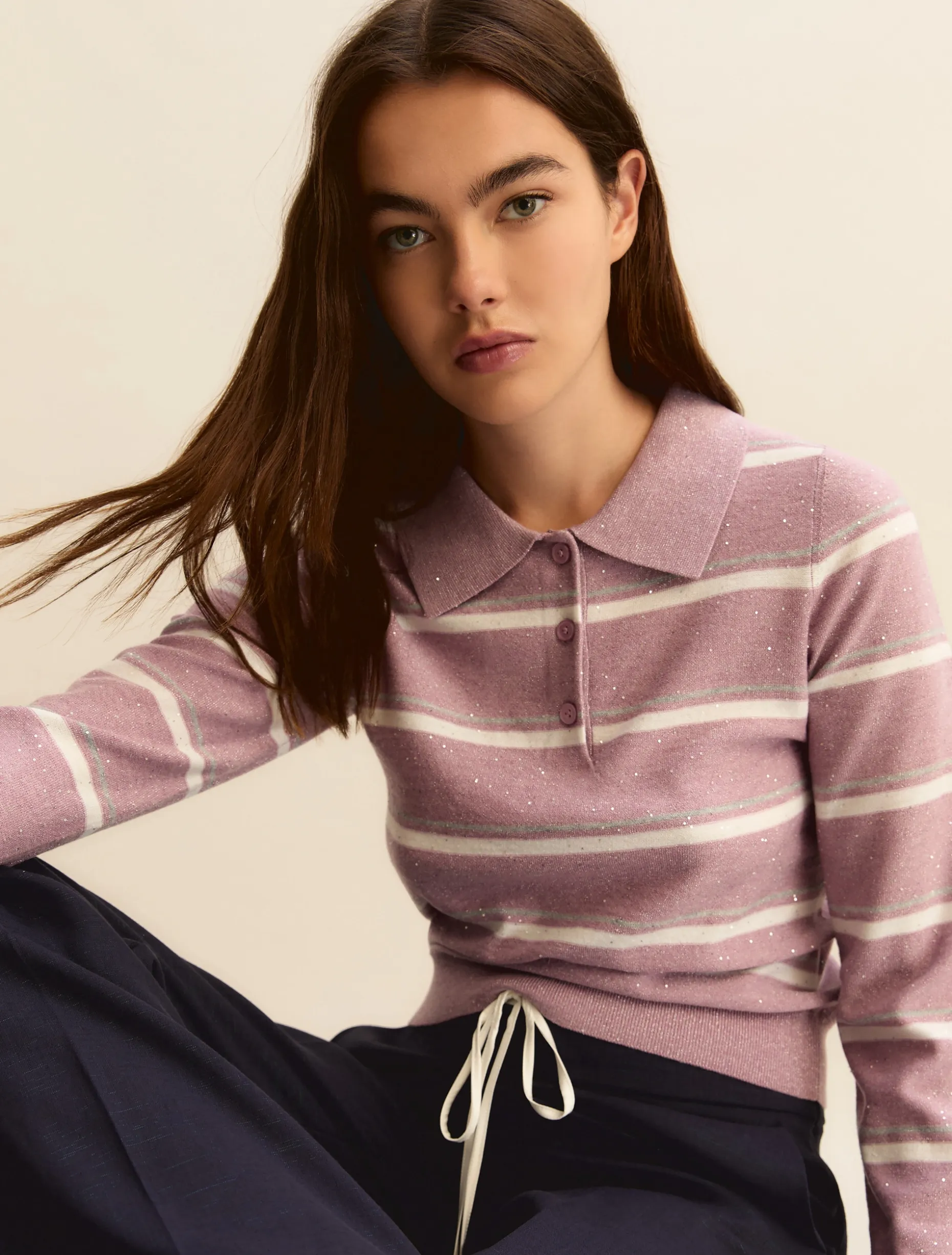 Polo con lurex e paillette - LAVANDA