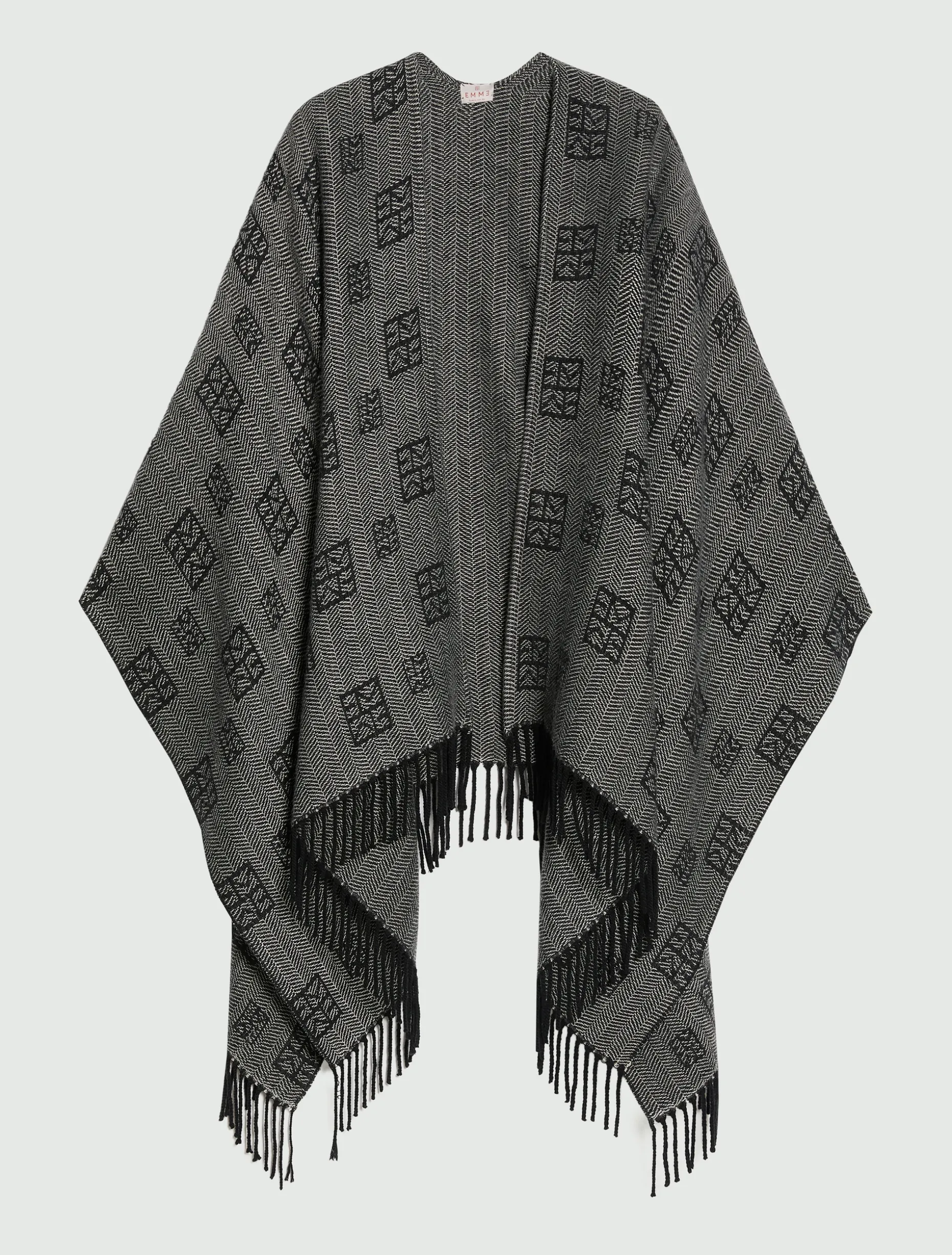 Poncho jacquard con frange - NERO