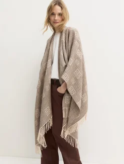 Poncho jacquard con frange - CAMMELLO