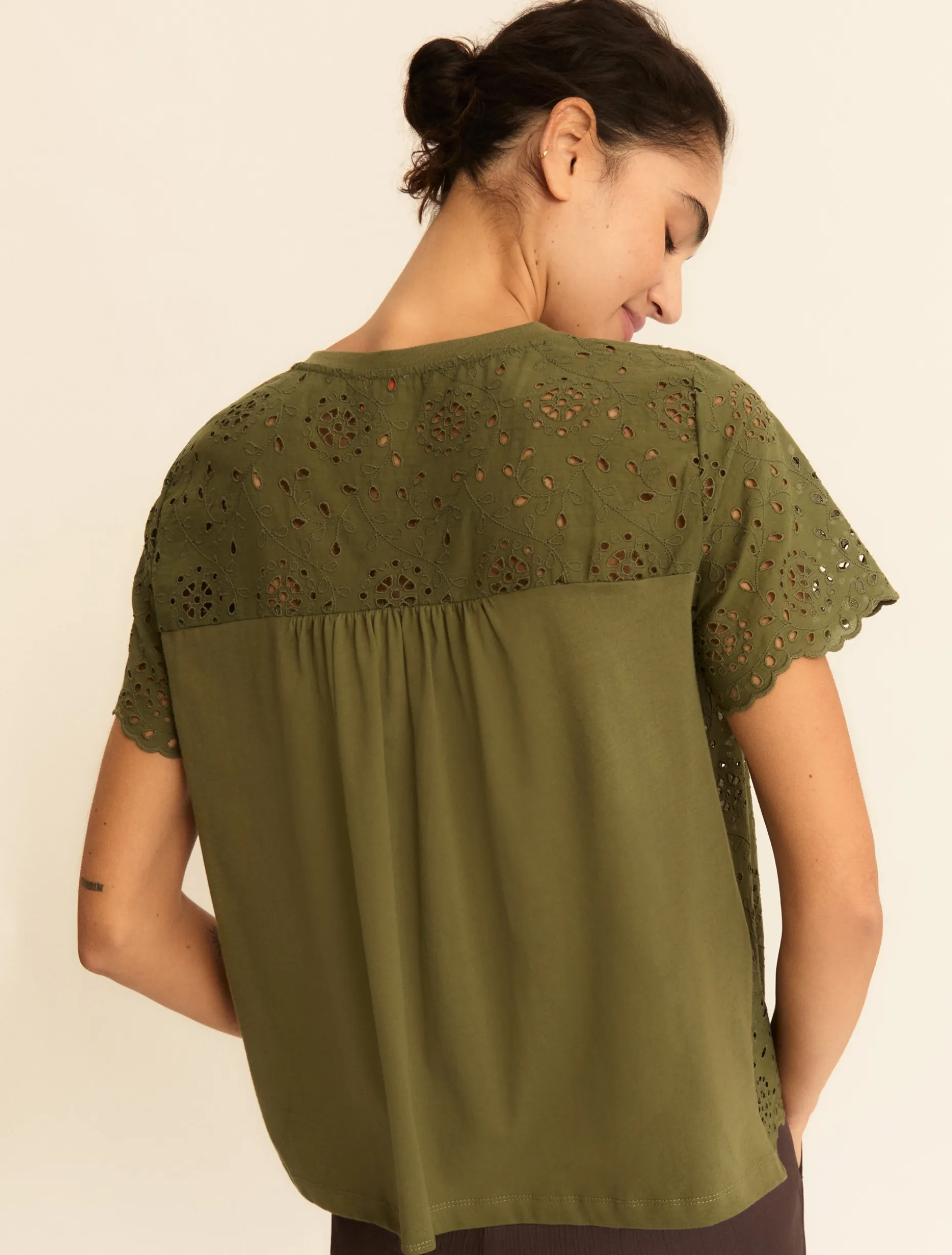 T-shirt in sangallo con retro in jersey - VERDE MILITARE