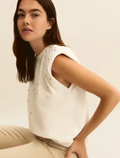 T-shirt smanicata con cristalli - BIANCO