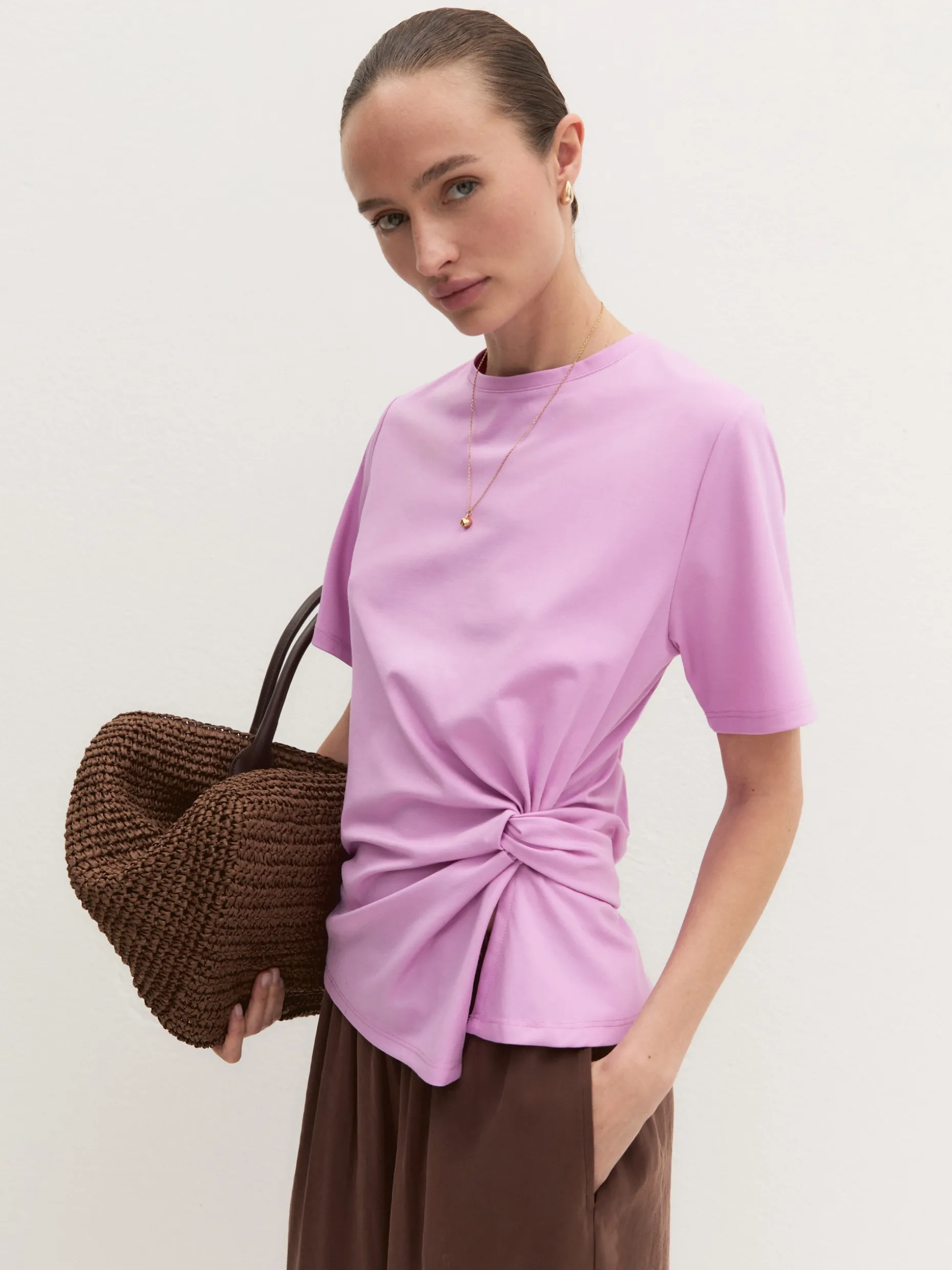T-shirt in jersey con nodo - ROSA INTENSO