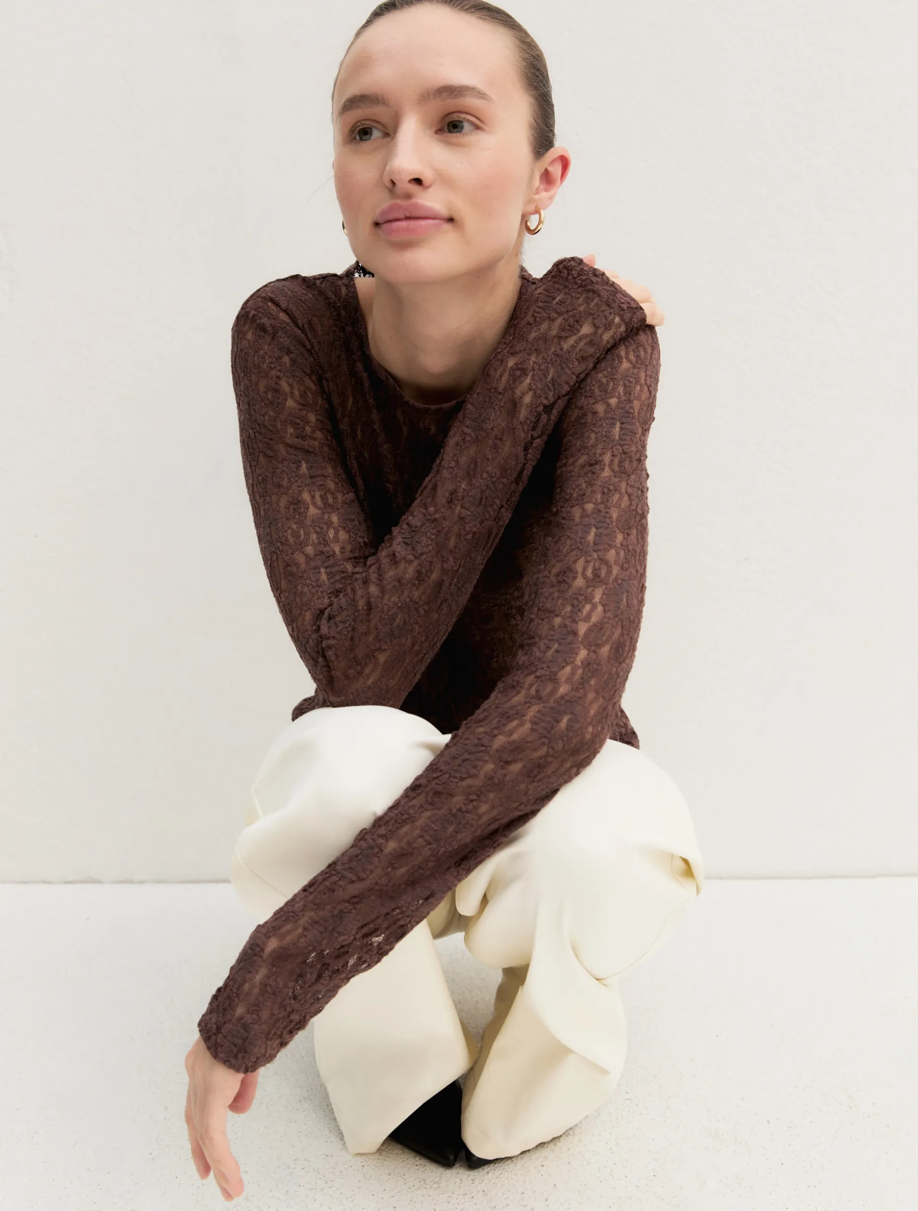 T-shirt in jersey pizzo - MARRONE